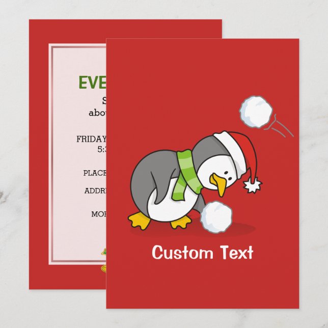 Invitation Pingouin de Noël avec boule de neige (Devant / Derrière)