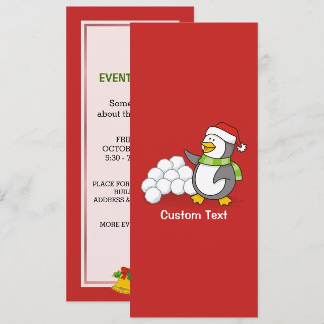 Invitation Pingouin de Noël avec boules de neige agitant (Devant / Derrière)