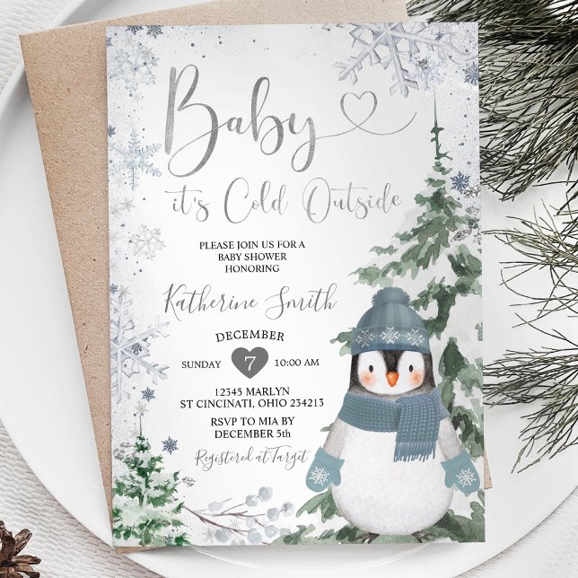 Invitation Pingouin d'hiver Baby shower Forêt Flambeaux de ne (Créateur téléchargé)