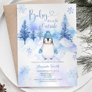Invitation Pingouin d'hiver Pneus Baby shower bleu argent