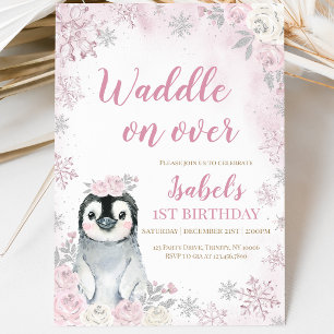 Invitation Pingouin d'hiver rose fête d'anniversaire