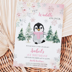 Invitation Pingouin d'hiver rose fête d'anniversaire