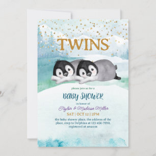 Invitation Pingouin dormant Twin hiver thème bébé garçon douc