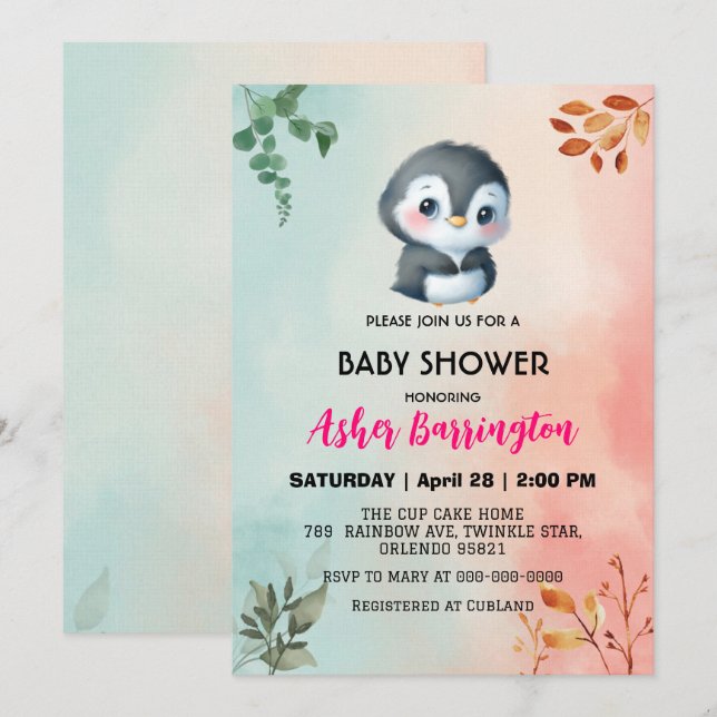 Invitation Pingouin doux mignon baby shower de fleurs de prin (Devant / Derrière)