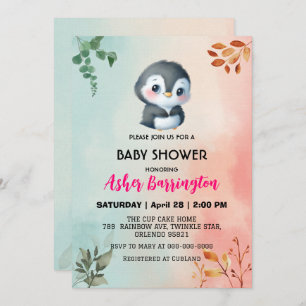 Invitation Pingouin doux mignon baby shower de fleurs de prin