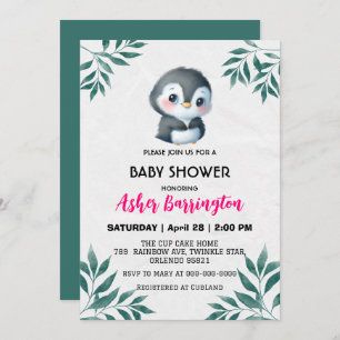 Invitation Pingouin doux printemps Feuille baby showers enfan