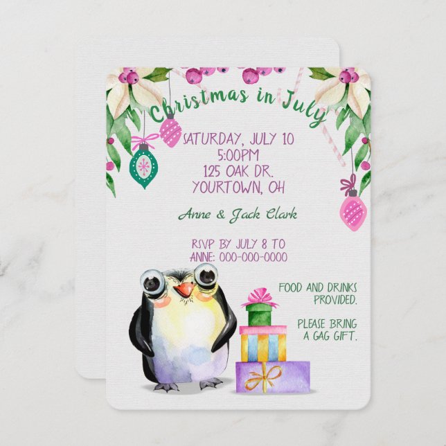 Invitation pingouin et cadeaux pour Noël à la fête de juillet (Devant / Derrière)