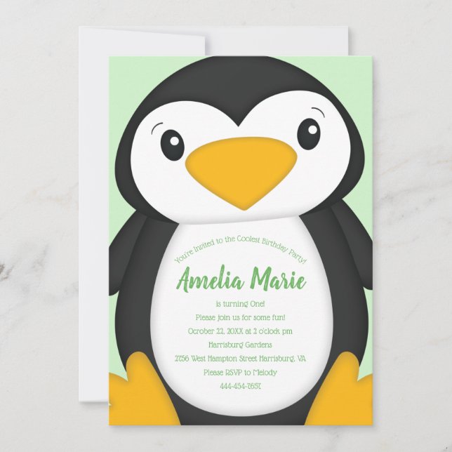 Invitation Pingouin fête d'anniversaire Vert (Devant)