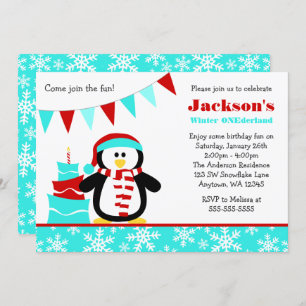 Invitation Pingouin Flamme de neige Turquoise hiver Onederlan