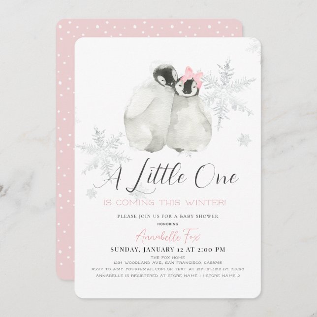 Invitation Pingouin hiver Flocon de neige Baby shower rose fi (Devant / Derrière)