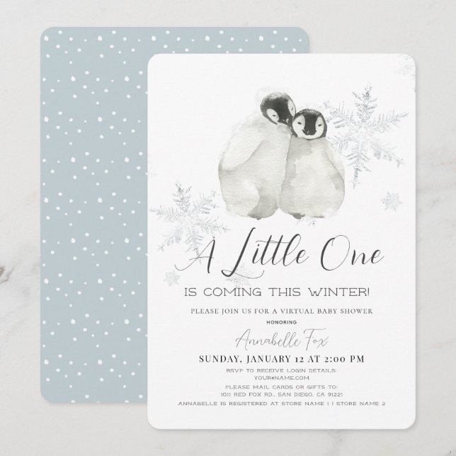 Invitation Pingouin Hiver Flocon de neige bleu Baby shower vi (Devant / Derrière)