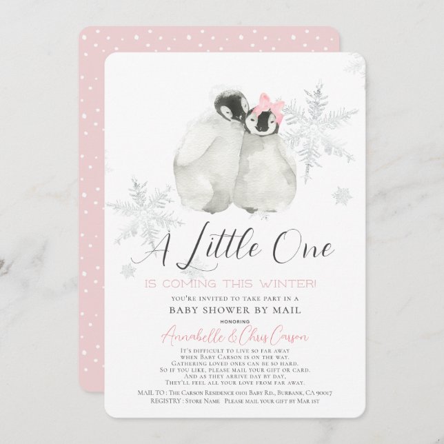 Invitation Pingouin Hiver Flocon de neige rose Baby shower pa (Devant / Derrière)
