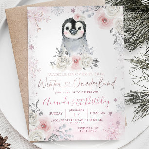 Invitation Pingouin Hiver Pastel Fleurs Roses Anniversaire