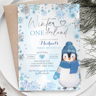 Invitation Pingouin Hiver Snowflakes Onederland Anniversaire