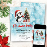 Invitation Pingouin mignon à Santa Hat Bleu Festif Noël<br><div class="desc">Créez de jolies invitations à la fête de Noël avec un pingouin gai dans un chapeau de Père Noël rouge décorant un arbre de Noël. Ces invitations modernes de Noël sont conçus avec un arrière - plan bleu neigeux avec d'élégants flocons de neige. Le modèle permet de customiser facilement le...</div>