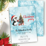 Invitation Pingouin mignon à Santa Hat Noël bleu<br><div class="desc">Créez des invitations uniques à Noël avec un mignon manchot en chapeau de Père Noël rouge décorant un arbre de Noël conçu sur un arrière - plan bleu neigeux avec des flocons de neige. Le modèle vous permet de customiser facilement avec votre nom de famille, date et heure, adresse, RSVP...</div>
