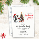 Invitation Pingouin mignon à Santa Hat Noël moderne<br><div class="desc">Créez des invitations de Noël élégantes avec un mignon manchot dans un chapeau de Père Noël rouge décorant un arbre de Noël. Cet invitation festif de Noël est conçu sur un arrière - plan blanc et l'arrière est décoré de flocons bleus. Le modèle vous permet de customiser facilement avec votre...</div>