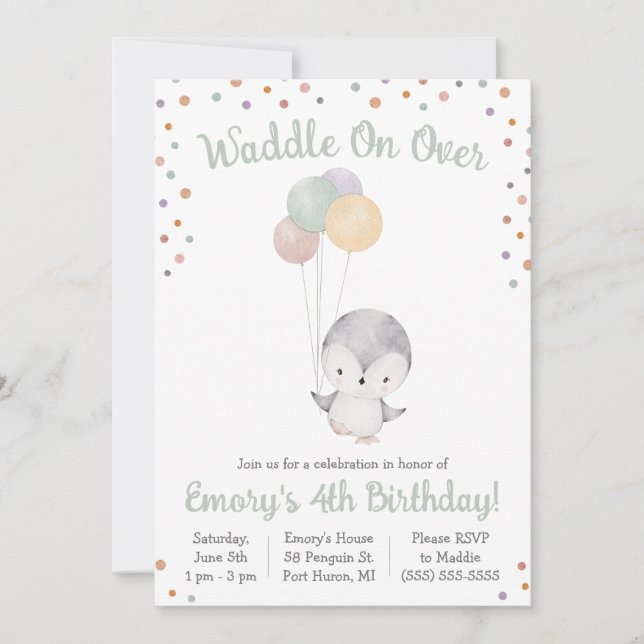 Invitation Pingouin mignon avec ballons fête d'anniversaire (Devant)