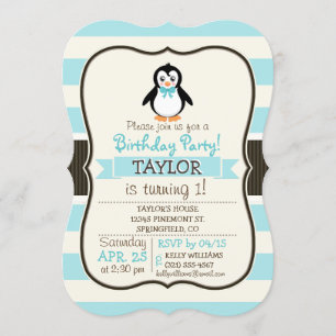 Invitation Pingouin mignon avec Bowtie Turquoise