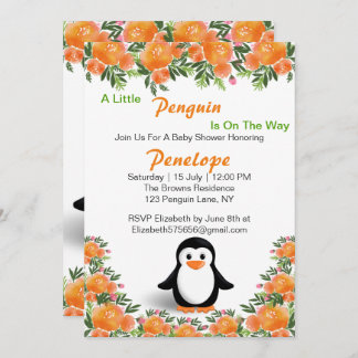Invitation Pingouin noir et orange | Fleurs orange et verte