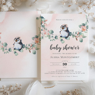 Invitation Pingouin rose Baby shower fille