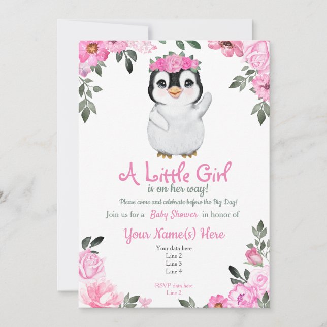Invitation Pingouin rose Baby shower invitation, rustique (Devant)