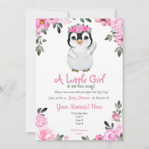 Invitation Pingouin rose Baby shower invitation, rustique
