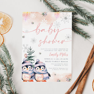 Invitation Pingouin rose et bleu d'hiver Baby shower Twins