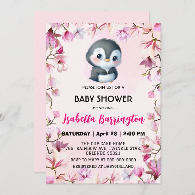 Invitation Pingouin rose mignon fleur baby shower enfants (Devant / Derrière)