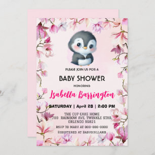 Invitation Pingouin rose mignon fleur baby shower enfants