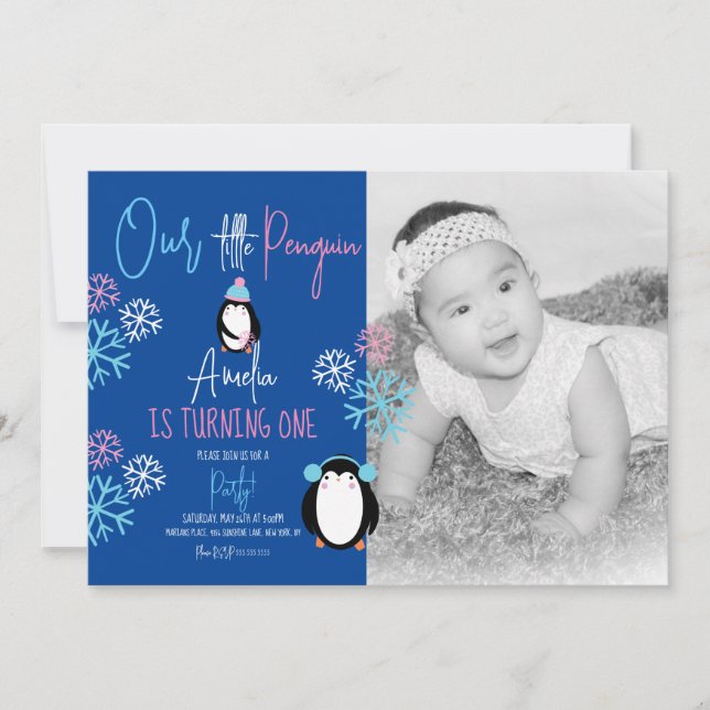 Invitation Pingouin Snowflakes Rose Bleu 1er anniversaire Pho (Devant)