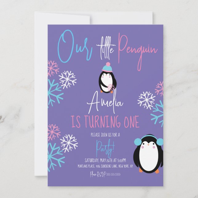Invitation Pingouin Snowflakes Rose Bleu 1er Anniversaire Vio (Devant)