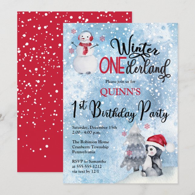 Invitation Pingouin | Snowman Winter ONEderland 1er anniversa (Devant / Derrière)