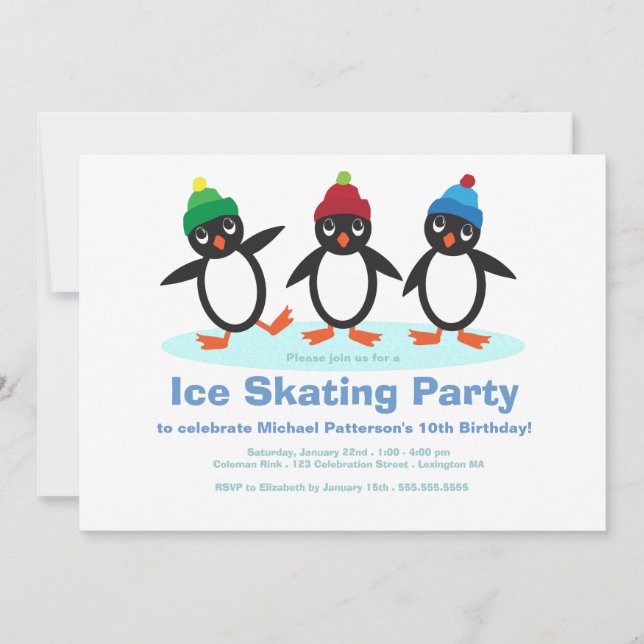 Invitation Pingouin Trio Boys Ice Sking Anniversaire (Devant)