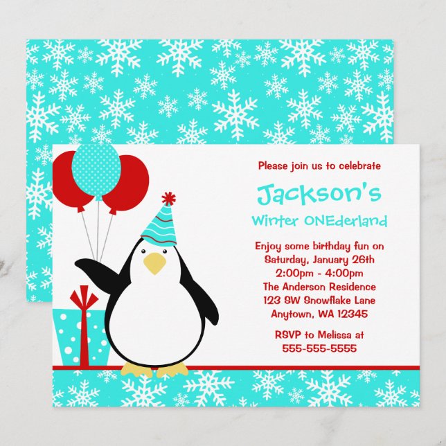 Invitation Pingouin Turquoise Snowflakes Winter Onederland An (Devant / Derrière)