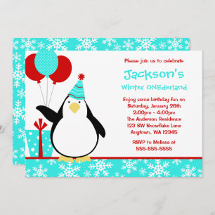 Invitation Pingouin Turquoise Snowflakes Winter Onederland An