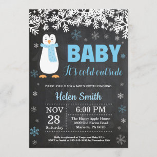 Invitation Pingouin Winter Boy Baby shower Chalkboard