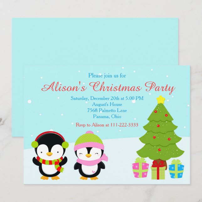 Invitation Pingouins et arbre d'hiver de Noël mignons (Devant / Derrière)