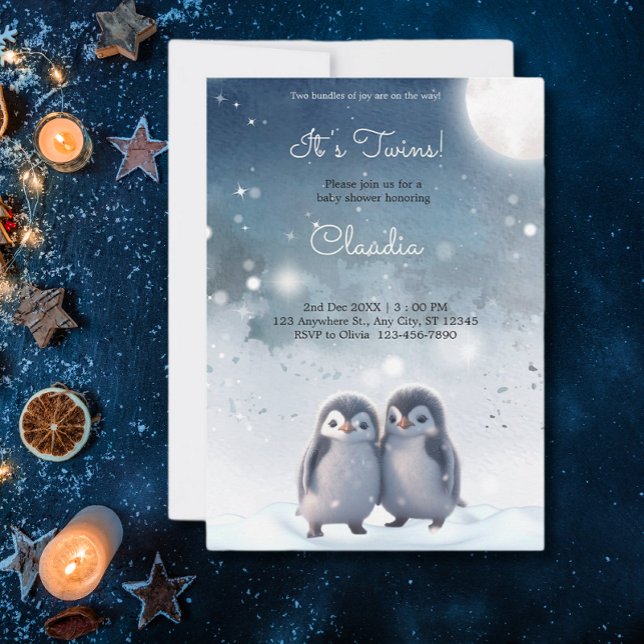 Invitation Pingouins mignons Hiver Blue neige Twins Baby show (Créateur téléchargé)