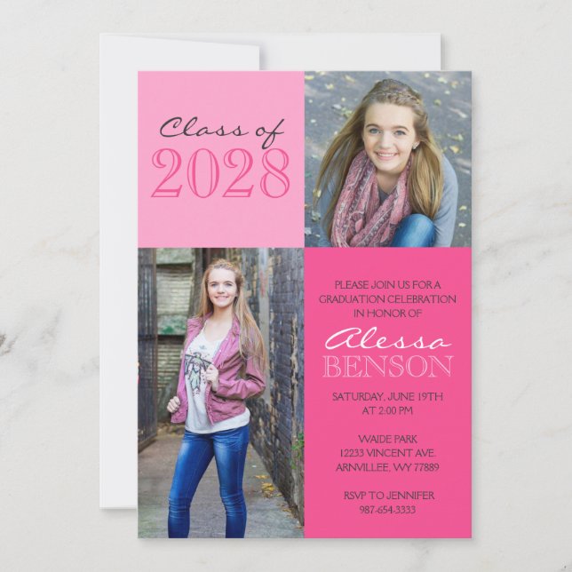 Invitation Pink 2 Toned Classic 2 Photo Graduation (Devant)