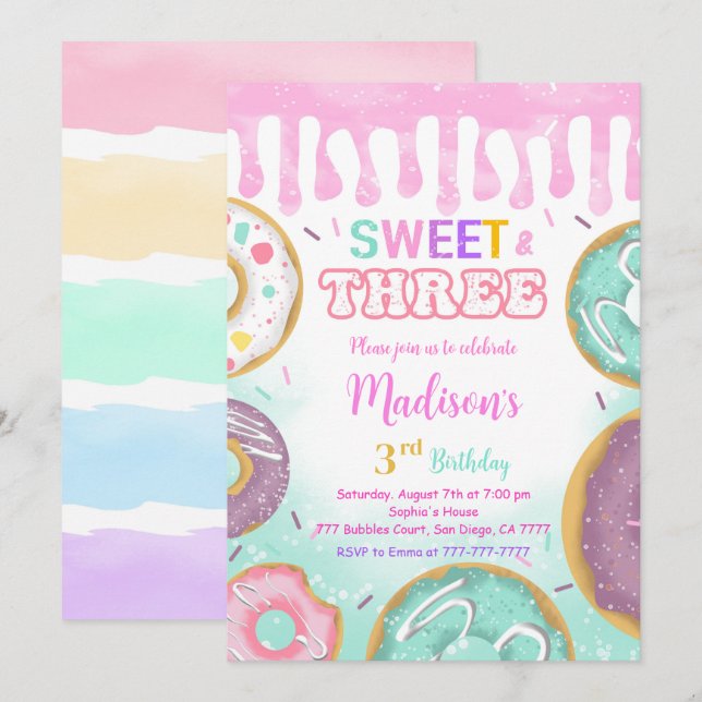 Invitation Pink 3e anniversaire fête des beignes (Devant / Derrière)