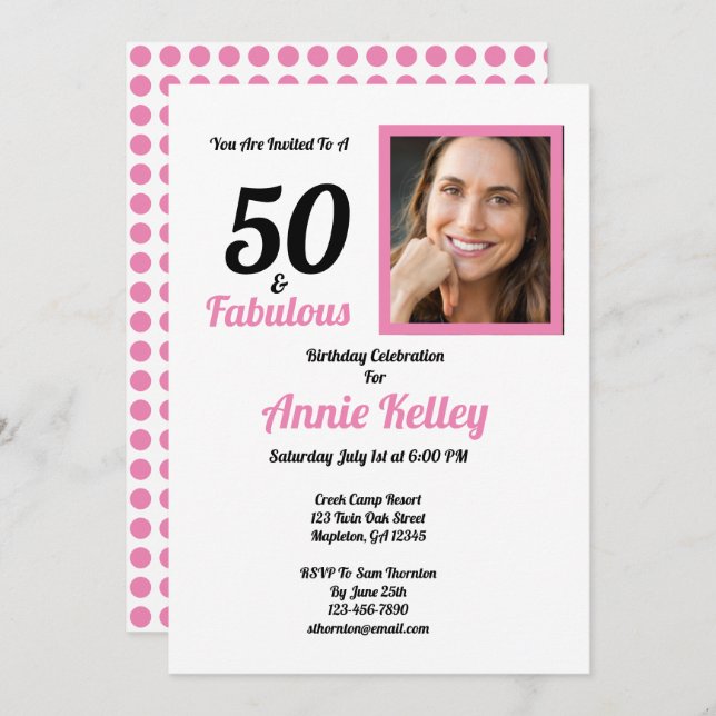 Invitation Pink 50 et Fabulous 50th Birthday Party (Devant / Derrière)