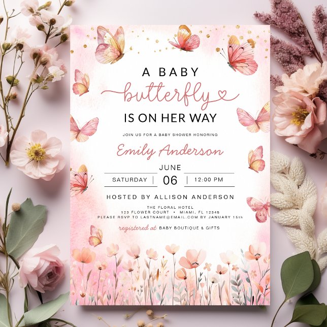 Invitation Pink A Baby Butterfly est sur son chemin fille Dou (Créateur téléchargé)