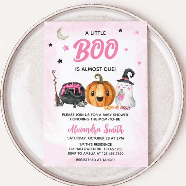 Invitation Pink A Little Boo Baby shower (Girl Ghost Halloween Baby Shower Invitation)