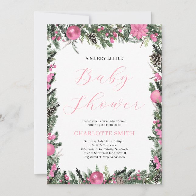 Invitation Pink A Merry Little Baby shower (Devant)