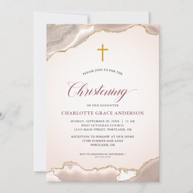 Invitation Pink Agate Gold Parties scintillant Script Baby Gi (Devant)