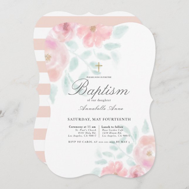 Invitation Pink Airy Roses Floral Girl Baptism (Devant / Derrière)
