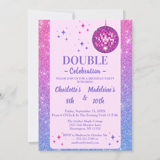 Invitation Pink and Blue Glitter Disco Joint Birthday (Devant)