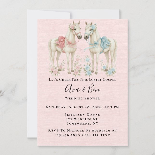 Invitation Pink and Blue Pastel Flowers Horse Wedding shower (Devant)