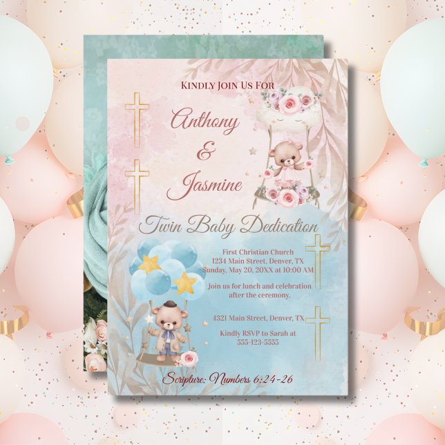 Invitation Pink and Blue Twin Teddy Bears on Swing with Photo (Créateur téléchargé)